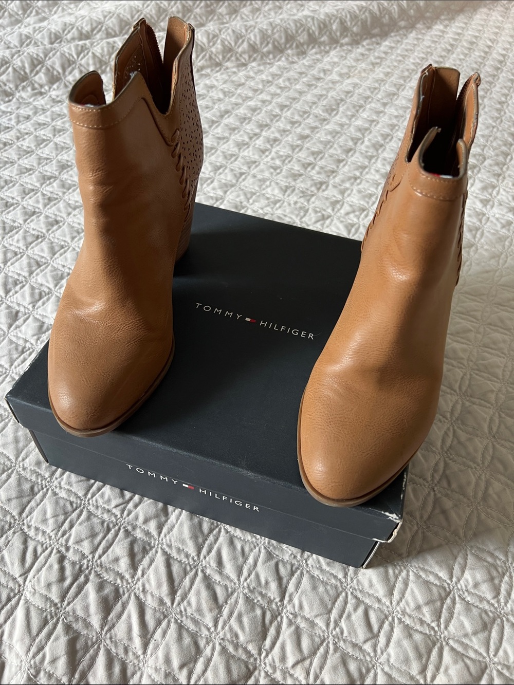 Tommy Hilfiger Tan Leather Ankle Booties with Subtle Perforation